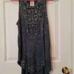 Be Vocal Charcoal/Navy Tank Top with Crochet Accents